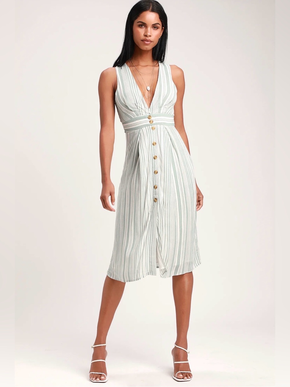 Lulu's Sage and White Striped V-Neck Midi Dress